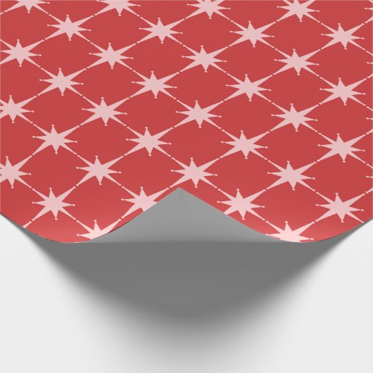 ミッドセンチュリーモダンクリスマスピンクと赤い星 ラッピングペーパー (角)