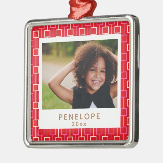 ミッドセンチュリーモダンクリスマスレッドパターンカスタム写真 メタルオーナメント (左)