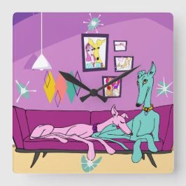 ミッドセンチュリーモダングレイハウンドアート スクエア壁時計