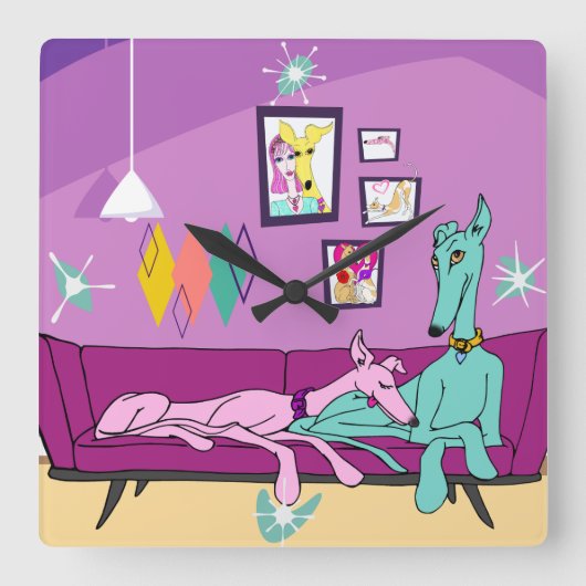 ミッドセンチュリーモダングレイハウンドアート スクエア壁時計 (正面)