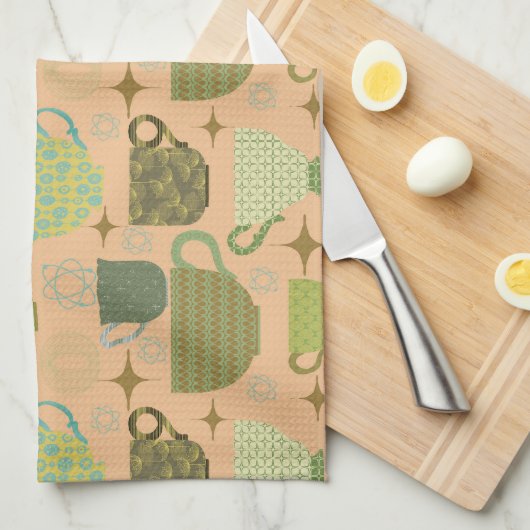 ミッドセンチュリーモダンコーラルティーカップ キッチンタオル (四つ折り)