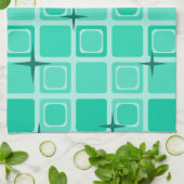 ミッドセンチュリーモダンスクエアスターズティール（緑がかった色） キッチンタオル (折り畳み)