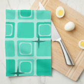 ミッドセンチュリーモダンスクエアスターズティール（緑がかった色） キッチンタオル (四つ折り)