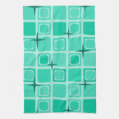 ミッドセンチュリーモダンスクエアスターズティール（緑がかった色） キッチンタオル (縦)