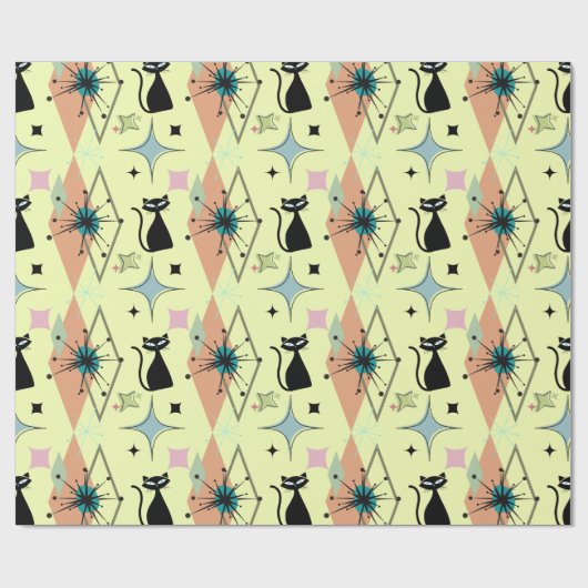 ミッドセンチュリーモダンスターズとネコ柄のクリーム ラッピングペーパー (フラット)