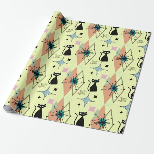 ミッドセンチュリーモダンスターズとネコ柄のクリーム ラッピングペーパー (アンロールド)
