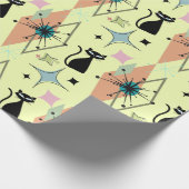 ミッドセンチュリーモダンスターズとネコ柄のクリーム ラッピングペーパー (角)