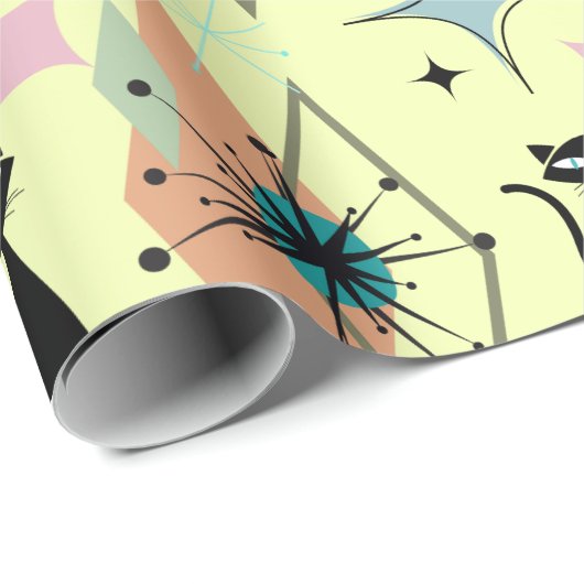 ミッドセンチュリーモダンスターズとネコ柄のクリーム ラッピングペーパー (ロールコーナー)