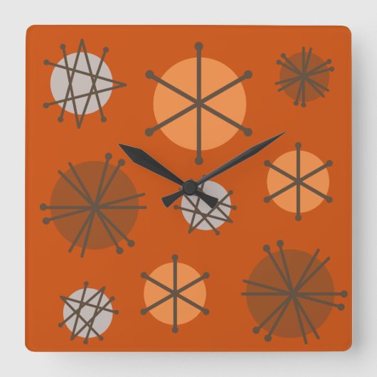 ミッドセンチュリーモダンスターバストバーンドオレンジ スクエア壁時計 (正面)