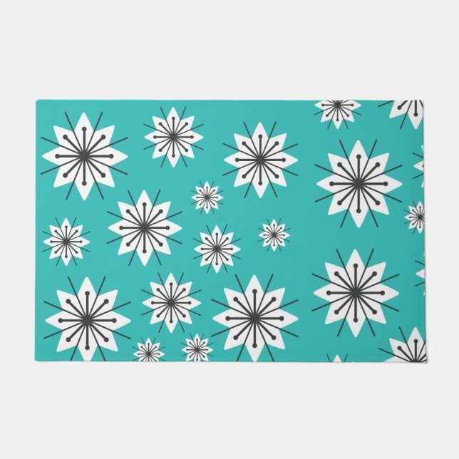 ミッドセンチュリーモダンスノーフレークターコイズ ドアマット (正面)