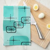 ミッドセンチュリーモダンスプートニクターコイズ キッチンタオル (四つ折り)