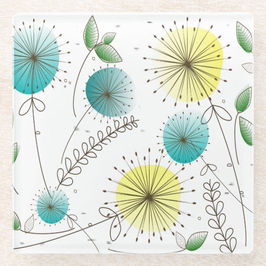 ミッドセンチュリーモダンタンポポ時計ブルーイエロー ガラスコースター (正面)