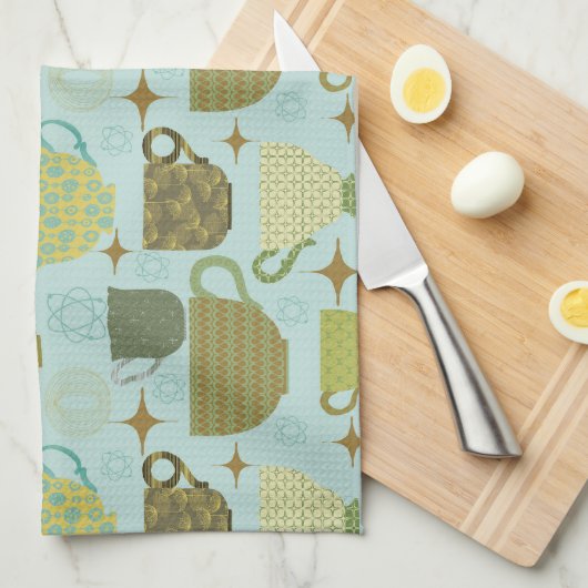 ミッドセンチュリーモダンターコイズティーカップ キッチンタオル (四つ折り)