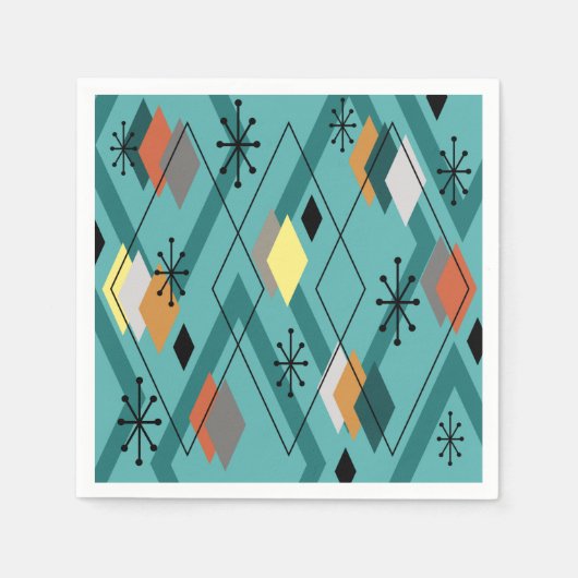 ミッドセンチュリーモダンダイヤモンドターコイズ スタンダードカクテルナプキン (正面)
