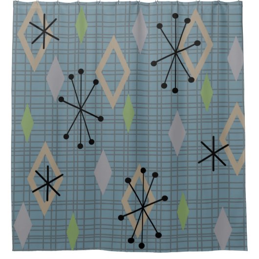 ミッドセンチュリーモダンダイヤモンド石板グレーブルー シャワーカーテン (正面)