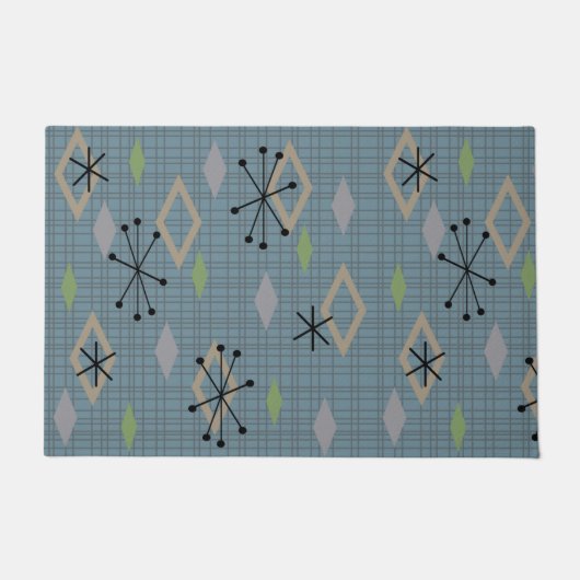 ミッドセンチュリーモダンダイヤモンド石板グレーブルー ドアマット (正面)