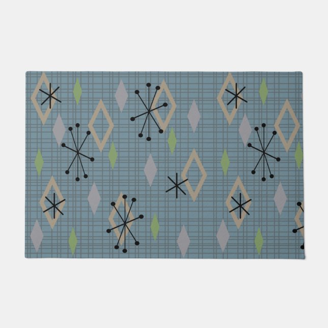 ミッドセンチュリーモダンダイヤモンド石板グレーブルー ドアマット (正面)