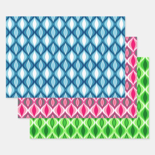 ミッドセンチュリーモダンダイヤモンド、ブルー、ピンク、グリーン ラッピングペーパーシート (セット)