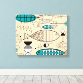 ミッドセンチュリーモダンティール（緑がかった色）魚アート キャンバスプリント (インサイチュ (ウッドフロア))