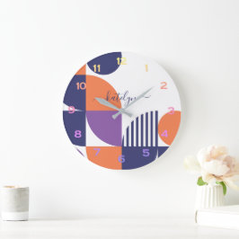 ミッドセンチュリーモダンネイビーブルー赤面オレンジパターン ラージ壁時計