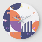 ミッドセンチュリーモダンネイビーブルー赤面オレンジパターン ラージ壁時計 (正面)