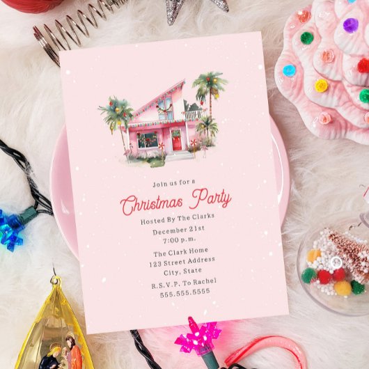 ミッドセンチュリーモダンハウスピンククリスマスパーティー 招待状