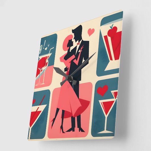 ミッドセンチュリーモダンバレンタイン踊りカップル スクエア壁時計 (傾斜)