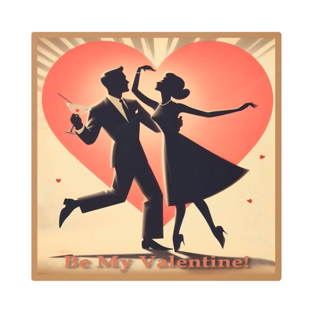 ミッドセンチュリーモダンバレンタイン踊りカップル メタルプリント (正面)