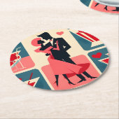ミッドセンチュリーモダンバレンタイン踊りカップル ラウンドペーパーコースター (アングル)