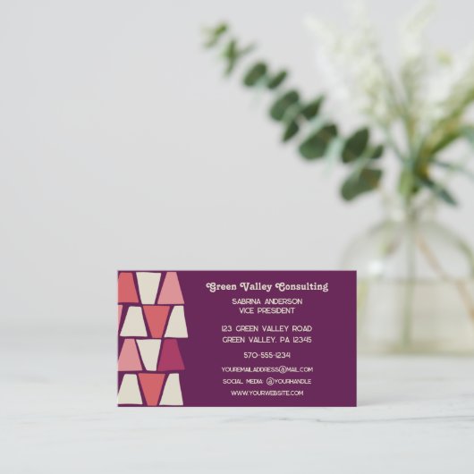 ミッドセンチュリーモダンパープルピンク幾何学模様プリント 名刺 (スタンド正面)