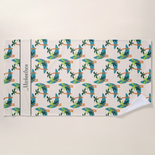 ミッドセンチュリーモダンパームオアシスパーソナライズされた名 ビーチタオル (正面)