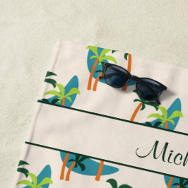 ミッドセンチュリーモダンパームオアシスパーソナライズされた名 ビーチタオル
