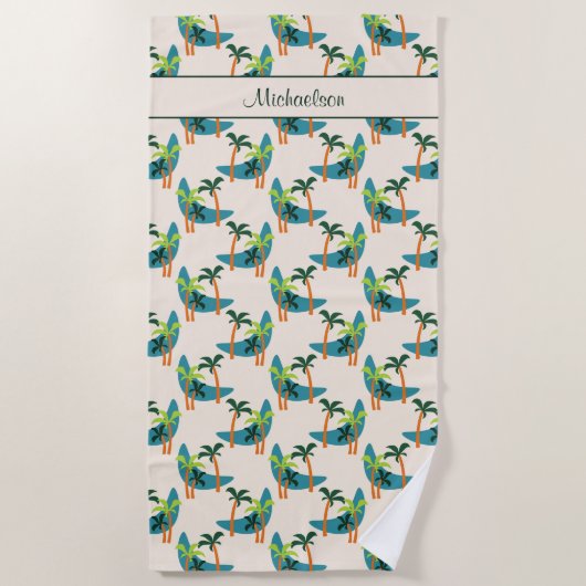 ミッドセンチュリーモダンパームオアシスパーソナライズされた名 ビーチタオル (正面)