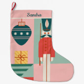 ミッドセンチュリーモダンピンクとグリーンパーソナライズされた ラージクリスマスストッキング (正面)