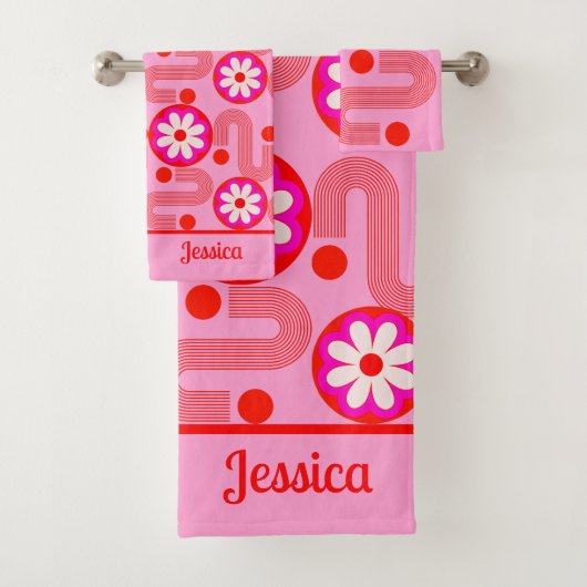 ミッドセンチュリーモダンピンクの花の柄と名前 バスタオルセット (インサイチュ)