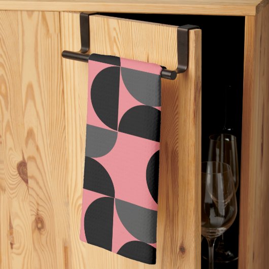 ミッドセンチュリーモダンピンクの黒と灰色 キッチンタオル (三つ折り)