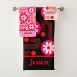 ミッドセンチュリーモダンピンクブラックレッドフローラ名 バスタオルセット