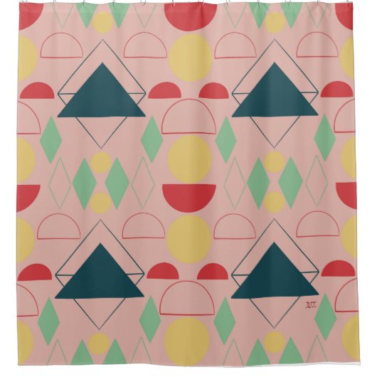 ミッドセンチュリーモダンピンク幾何学模様 シャワーカーテン (正面)