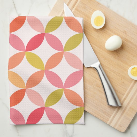 ミッドセンチュリーモダンピンク赤オレンジ色の円 キッチンタオル (四つ折り)