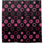 ミッドセンチュリーモダンピンク、黒と灰色のドット シャワーカーテン (正面)