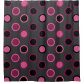 ミッドセンチュリーモダンピンク、黒と灰色のドット シャワーカーテン (正面)