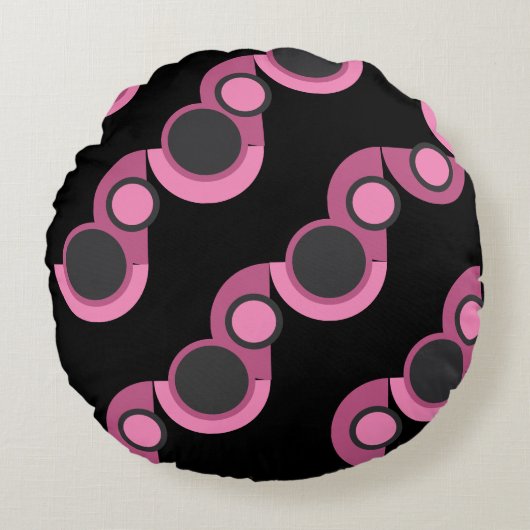 ミッドセンチュリーモダンピンク、黒と灰色 ラウンドクッション (正面)