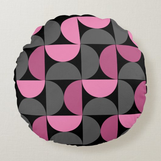 ミッドセンチュリーモダンピンク、黒と灰色 ラウンドクッション (正面)