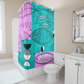 ミッドセンチュリーモダンフィッシュアートピンクブルー シャワーカーテン (インサイチュ)