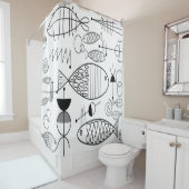 ミッドセンチュリーモダンフィッシュアート白黒 シャワーカーテン (インサイチュ)