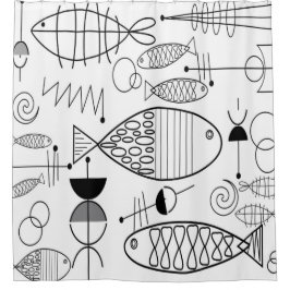 ミッドセンチュリーモダンフィッシュアート白黒 シャワーカーテン