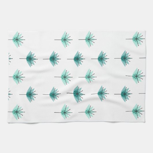 ミッドセンチュリーモダンフラワーズターコイズ キッチンタオル (横)