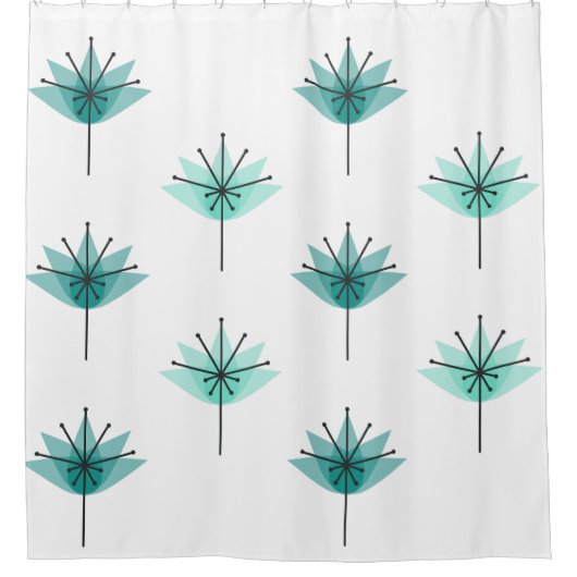 ミッドセンチュリーモダンフラワーズターコイズ シャワーカーテン (正面)