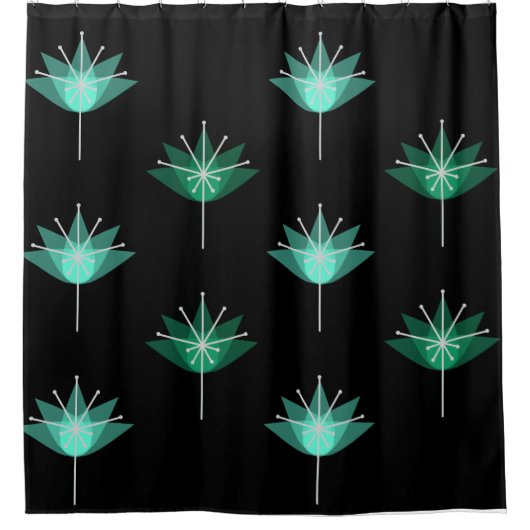 ミッドセンチュリーモダンフラワーズブラックターコイズ シャワーカーテン (正面)