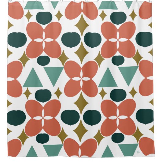 ミッドセンチュリーモダンフラワーダイヤモンド模様織物 シャワーカーテン (正面)